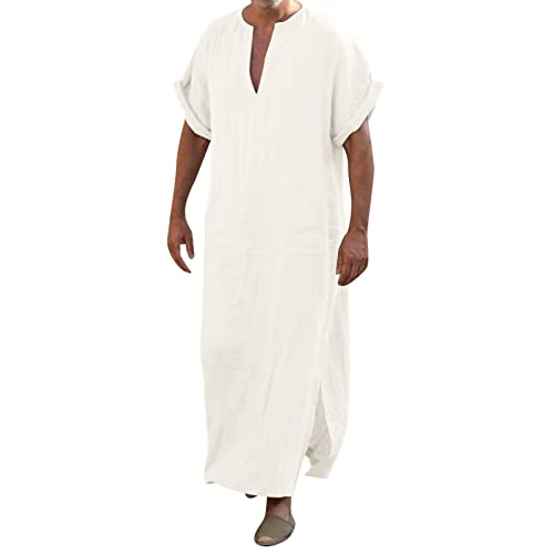 Hombres Abaya Vestidos Musulmanes Caftán - Manga Larga Ropa Islámica Hombre Traje Islámico - Casual Vintage Thobies Dishdasha Túnica, Blanco, M