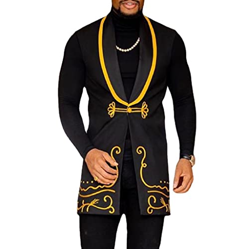 Hombres Africanos Dashiki Tradicional Ropa Vestimenta Camiseta Impresión Vestir Ajustado Tops Sin Mangas Chandal Chaleco (Color : Black, Size : XL)