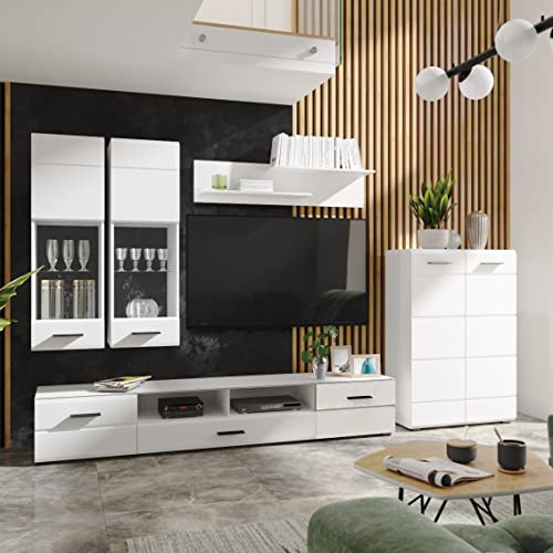 Homely - Mueble de salón modular ÁRTICO, conjunto de 5 muebles tv bajo, 2 muebles altos y estantería alta, color blanco brillo, medidas conjunto 285x190x40 cm