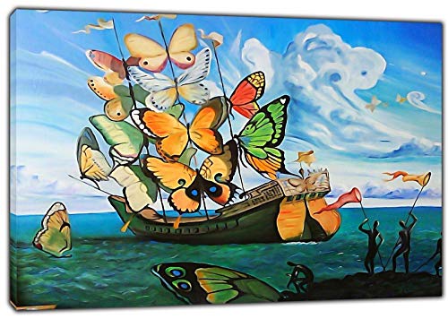 HYFBH Arte de la Lona Impresión Barco Mariposa Pintura al óleo Salvador Dali Lienzo Arte de la Pared Imagen Decoración del hogar Lienzo Pintura 50x70cm (19.7x27.6 Pulgadas) con Marco