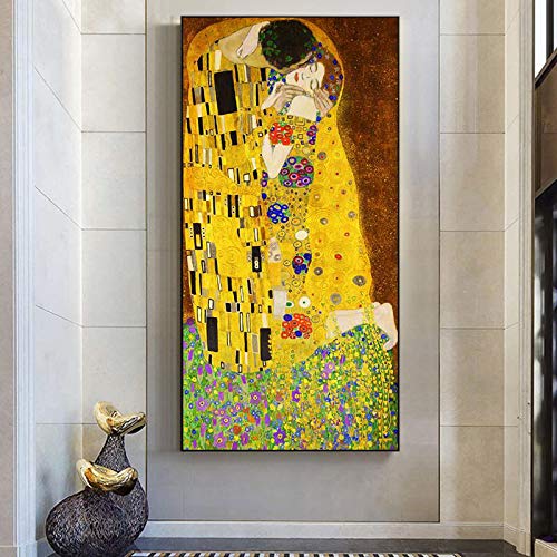 HYFBH Impresión en Lienzo Carteles artísticos Gustav Klimt El Beso Pinturas al óleo clásicas Arte Famoso Cuadro en Lienzo de Pared Decoración para el hogar 50x100cm (20x39in) Sin Marco