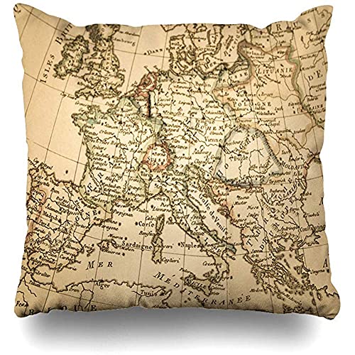 HZLM Funda de almohada para cojín de viaje, diseño de mapa antiguo de Italia, Grecia, Francia, Mediterráneo, España, Alemania, para el hogar, sofá, decoración de regalo de 45,7 x 45,7 cm