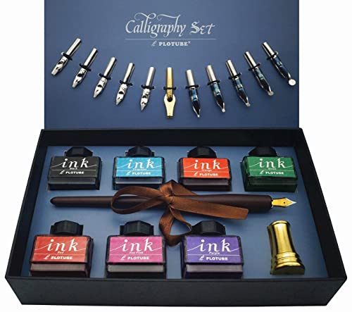 IDEAPOOL Set Plumas de Caligrafía, 22 piezas Kit Caligrafia, Incluye 7 Botes de Tinta, 12 Plumines, Pluma de Madera, Soporte Dorado de Pluma y introducción