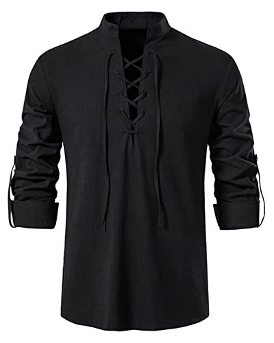 Idopy Camisa Henley retro con cordones para hombre, estilo punk, renacentista, medieval, sin botones, estilo medieval, Negro, L