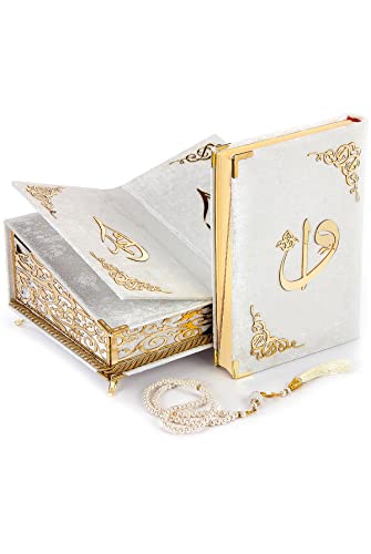 ihvan online Caja decorativa decorativa aterciopelada especial con Rahel, libro de coral aterciopelado en árabe, decoración musulmana para el hogar y la mesa, Ramadán Eid islámico, Blanco