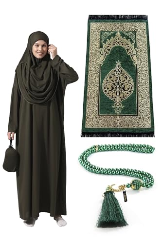 ihvan online Vestidos musulmanes para mujer, vestido de oración islámica de una sola pieza de manga larga y alfombra de oración y cuentas, conjunto islámico, caqui, 3XL-6XL