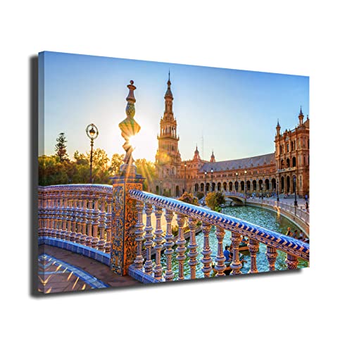 INGENIA HOME Cuadro lienzo canvas Plaza de España Sevilla Parque de Maria Luisa Rio Guadalquivir Puesta de Sol Andalucia España - Alta resolución – Varias medidas (120_x_80_cm)