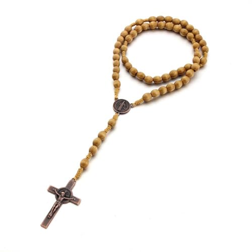 INGJIA Collar de Rosario con Cruz Católica, Cuentas de Oración de Madera Natural con Medalla Cruz Jesucristo San Benito, para Cristianos Católicos Comunión Religiosa, Bautismo, Misa, Biblia