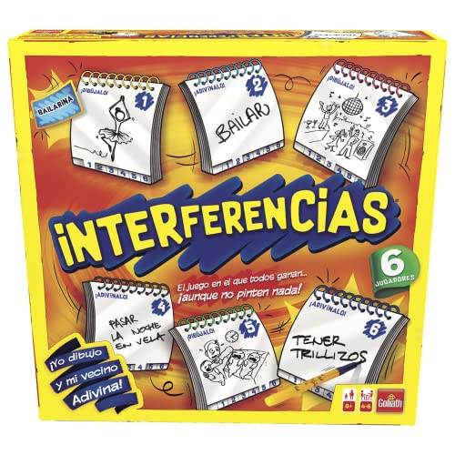 Interferencias. Juego de Mesa. Más Grande ¡hasta 6 Jugadores! Juego rápido y Divertido para Fiestas o para Jugar con Amigos o en Familia. como el teléfono Loco, Pero dibujando. A Partir de 8 años.