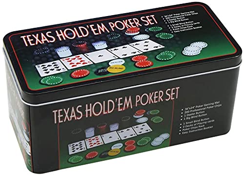 ISDI Set de póker Caja de Metal, 200 fichas de póker, 2 Cubiertas, botón de repartidor, ciega pequeña, Gran ciega, tapete de Juego