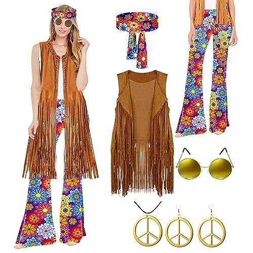 IVEOPPE Disfraz de los años 60 para mujer, ropa de los años 70, disfraces vintage para fiestas temáticas, hippie, accesorios para Halloween, carnaval, vestidos de los años 70, vestidos estampados para
