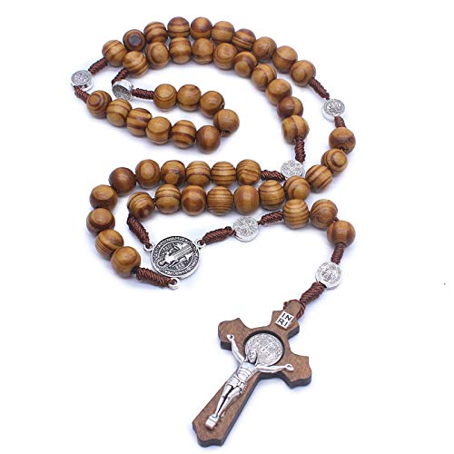 Jiali Q Collar de 2 piezas con rosario de madera, hecho a mano, cruz, joyeria religiosa
