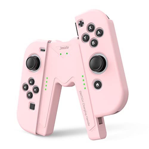 JINGDU Joy-con Soporte de manija de Carga para Nintendo Switch, Agarre Cómodo para Juegos en Forma de V con Función de Indicadores de Carga, Rosa