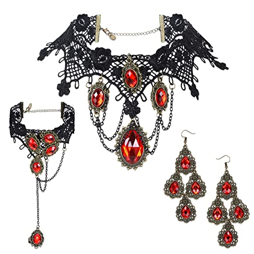 Joyas Góticas Accesorios Collar Gótico de Encaje Negro Pulsera de Encaje Pendientes Colgantes para Mujer Fiesta de Disfraces de Halloween Set de Collar de Encaje Negro