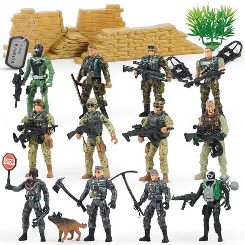 JOYIN Juego de 16 Piezas de Soldados de Juguete Militar, Figuras de Hombres del ejército con 12 Figuras de acción realistas de guardabosques del ejército y Accesorios de Equipo de Armas