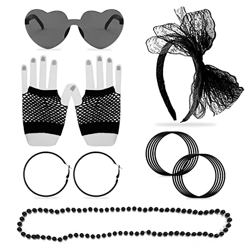 Juego de 15 accesorios ropa años 80, accesorios encaje para cabello, collares neón, aretes vintage, guantes red, pulseras silicona coloridas, gafas corazón, fiesta temática años 80, black, Negro