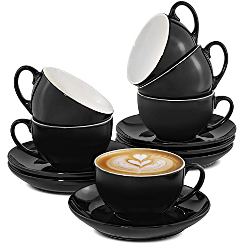 Juego de 6 Tazas de Capuchino Negras con Platos - Cerámica - Apto para Lavavajillas - Con Caja de Regalo - 180 ml