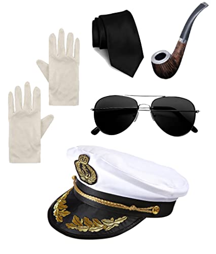 Juego de accesorios de capitán de barco marinero | Sombrero de capitán azul marino + gafas de sol + corbata + pipa de fumar falsa + guantes, disfraz temático de yate rock para fiestas de barco