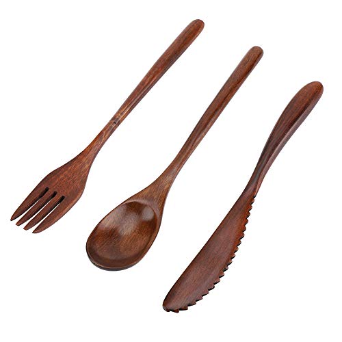 Juego de Cubiertos de Madera Reutilizable, Juego de Cuchillos de Cuchara de Tenedor de Madera Natural, Juego de Vajilla de Estilo Japonés, Cubiertos de Camping, Bolsa de(#1 Fork+Knife+Spoon)