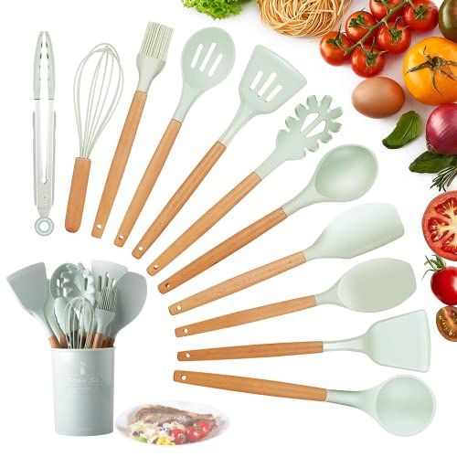 KagoLing Utensilios Cocina de Silicona, 12 Piezas Juego de Utensilios de Cocina Resistentes al Calor y Antiadherentes con Mango de Madera para Utensilios