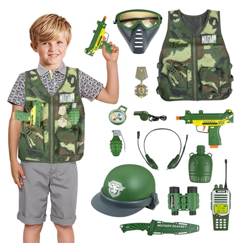 KalaDuck Juguetes del Ejército para Niños, Niños Chaleco Militar Disfraz con Casco y Accesorios de Juguete Militares, Soldados Halloween Uniforme Militar Juego de rol Juguetes Regalo para Niños Niñas