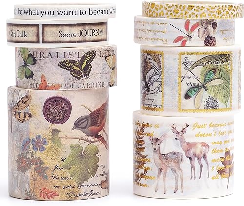 KAVI' S 8 rollos Washi Tape Set, Cinta Vintage Adhesivo Decorativo Obra de Arte Inspirada Hoja de Oro Masking Tapes para Artes, Bullet Journal, Scrapbooking, Bricolaje, Embalaje (Deer)