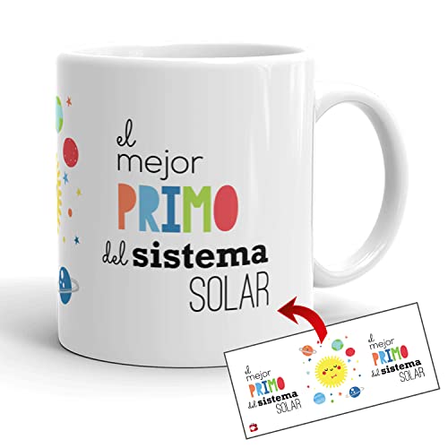 Kembilove Taza el Mejor Primo del Mundo – Taza con Mensaje El Mejor Primo del Sistema Solar – Regalo Hermana Original – Regalos Originales para cuñados – Tazas Originales