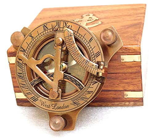 KHUMYAYAD Reloj de sol de latón con brújula náutica vintage réplica reloj de sol con caja de palisandro