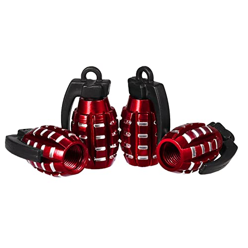 KINBOM 4 Piezas Tapas para Válvulas de Aluminio, Estilo Granada de Mano Resistente Tapones Valvula Coche de Neumático Sello a Prueba de Aire para Automóviles SUV Camiones Motocicletas (Rojo)