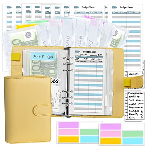 Kit de planificador presupuestario A6, método de sobres, ahorra presupuesto, sobres con sobres de dinero, minas de presupuesto, pegatinas a juego y etiqueta, 7,4 x 5,71" (Harphia, NPNB-140F-A6-Yellow)