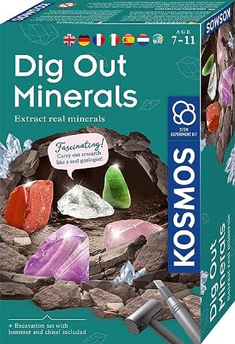 KOSMOS 617202 - Kit de excavación de minerales auténticos, con Martillo y cincel, 5 Piedras Preciosas fascinantes, Kit de experimentación para niños a Partir de 7 años, multilingüe