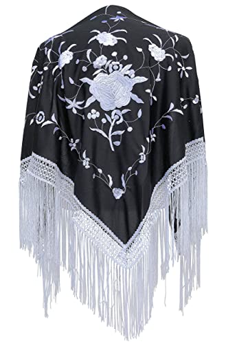 LA SEÑORITA Mantón de Manila Negro con bordados Blanco, Mantones de Flamenca para el Vestido de Feria, Sevillana o Flamenca. [160 x 80 cm] Tamaño Ideal para Mujer