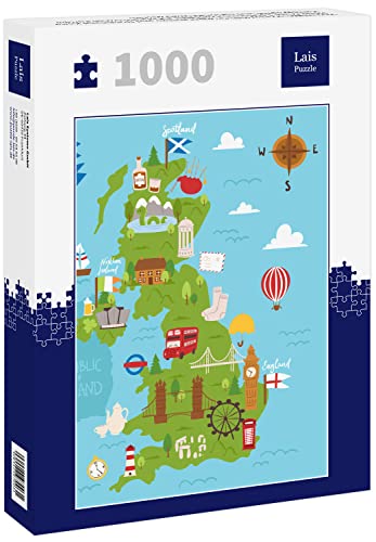 Lais Puzzle Mapa del Reino Unido de Gran Bretaña e Irlanda del Norte Viajes Ciudades Turismo Transporte en el Océano Azul Europa Cartografía y Monumentos Nacionales 1000 Piezas