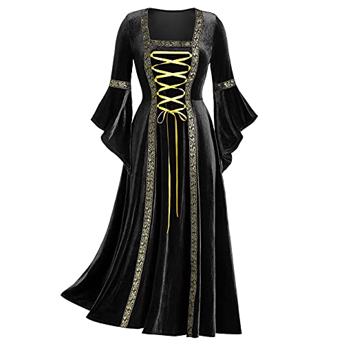 Lalaluka Vestido maxi victoriano para mujer, vestido medieval con mangas acampanadas, ropa de estilo medieval, renacentista, para Halloween, carnaval, cosplay, disfraz de princesas, Za-negro., L