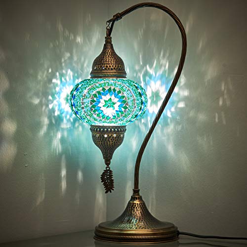 Lámpara de mesa de mosaico marroquí turco, pantalla de lámpara, lámpara de noche de mosaico colorido, lámpara de mosaico de cuello de cisne, lámpara turca, hecha a mano, 48 cm, verde azul turquesa