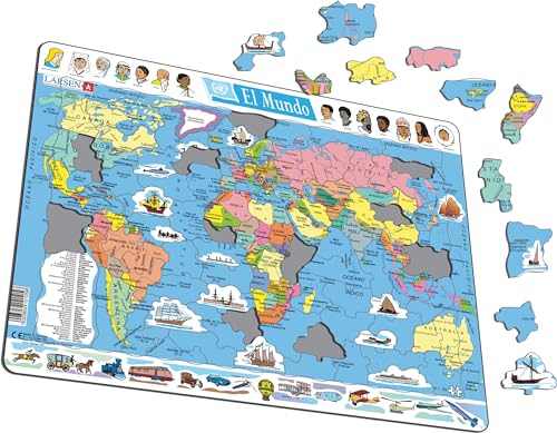 Larsen K1 El Mapa político Mundial, edición en Español, Puzzle de Marco con 107 Piezas