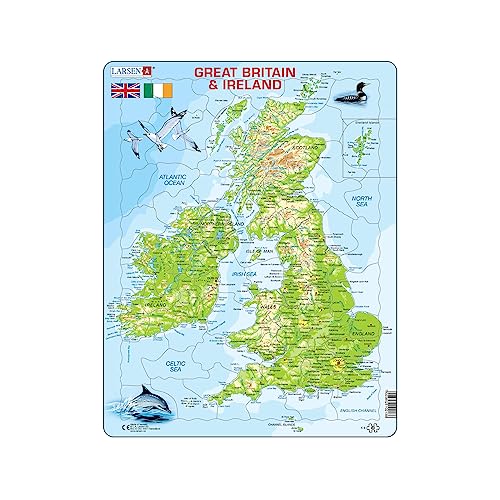 Larsen K5 Mapa físico de Gran Bretaña e Irlanda, edición en Inglés, Puzzle de Marco con 80 Piezas