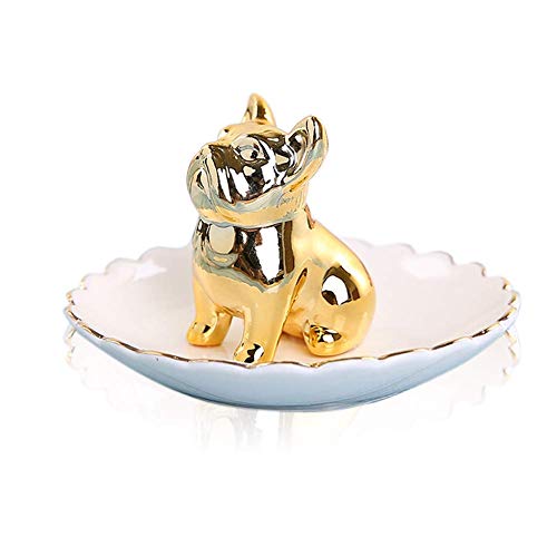 LEPENDOR Soporte para anillo de elefante Bandeja de joyería para la boda, el cumpleaños de Navidad, Decoración de cerámica hecha a mano Bandeja para animales pequeños (Dorado Buldog)