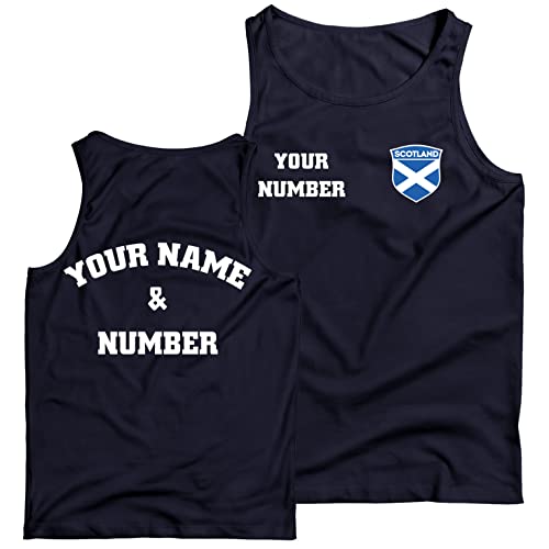 lepni.me Camiseta de Tirantes para Hombre de Fútbol Escocia Su Nombre y Número | Insignia de Bandera Escocesa Personalizada Mundial 2022 (XL Azul Naval Multicolor)