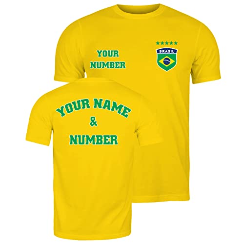 lepni.me Camiseta para Hombre de Fútbol de Brasil con Su Nombre y Número | Insignia de Bandera Brasileña Personalizada | Copa del Mundo 2022 (M Amarillo Multicolor)