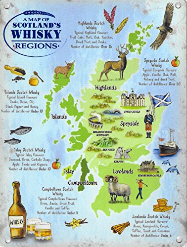 Letrero de metal grande de 30 x 40 cm con diseño de mapa de las regiones del whisky de Escocia