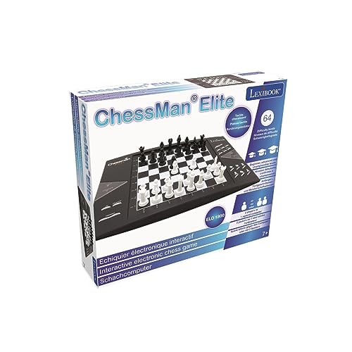 Lexibook electrónico mesa (CG1300) ChessMan Elite Juego de ajedrez inteligente, 1 jugador, 64 niveles de dificultad, LED, alimentado por batería o adaptador de 9V, negro/blanco, color