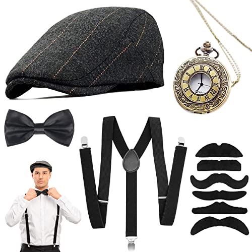 LGZIN Accesorios para Hombre de los Años 20, 1920s Accesorios, Disfraz de Gatsby, Juego de Accesorios de 1920, con Gorro de Gángster, pajarita, Barba, Reloj de Bolsillo, cigarro artificial