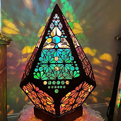 LIBOOI Lámpara de mesa turca marroquí árabe oriental bohemio mosaico de madera colorido lámparas de mesa decoración del hogar, lámpara hueca de proyección 3D, lámpara bohemia decorativa de suelo,
