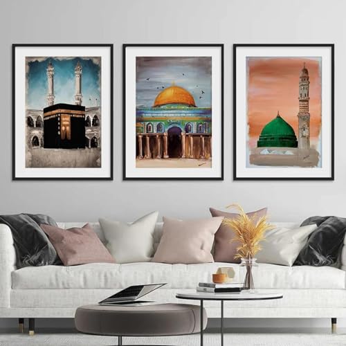 Lienzo Islámico De La Mezquita De Al Aqsa, Carteles Musulmanes, Pintura En Lienzo, Arte De Pared, Imágenes Impresas, Dormitorio, Sala De Estar, Decoración Interior Del Hogar 30Cmx40Cmx3Pcs Sin Marco