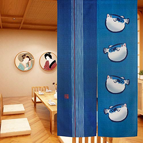 LIGICKY Cortinas de Puerta Estilo japonés Tradicional Noren para decoración del hogar, 85 x 150 cm, Color Azul (pez hinchado)