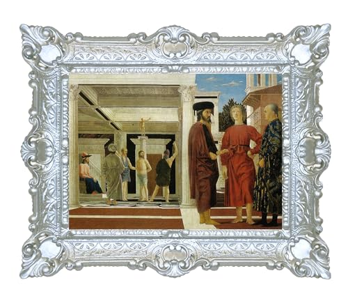 LIGUORO SHOP Cuadro de la flagelación de Cristo de Piero Della Francesca reproducción impresa en papel efecto lienzo con marco barroco, 55 x 45 cm (plata)