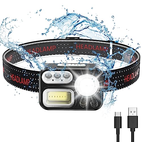 Linterna Frontal Led Recargable, Linterna Cabeza con batería de 1500 mAh,, Frontal de 500 lúmenes con sensor de movimiento, 5 fuentes de luz, 8 modos para niños y adultos pesca, camping, correr