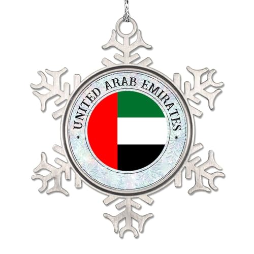 Lmmixee Adornos de árbol de Navidad con bandera nacional de los Emiratos Árabes Unidos, adorno de copo de nieve de los Emiratos Árabes Unidos, recuerdo de ciudad de campo, adornos de Navidad de metal