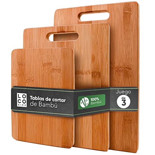 Loco Bird Juego de tablas de cortar de bambú macizo de 3-33x22 / 28x22 / 15x22cm - Tabla de cortar de cocina de madera - Tabla de cortar antibacteriana de madera